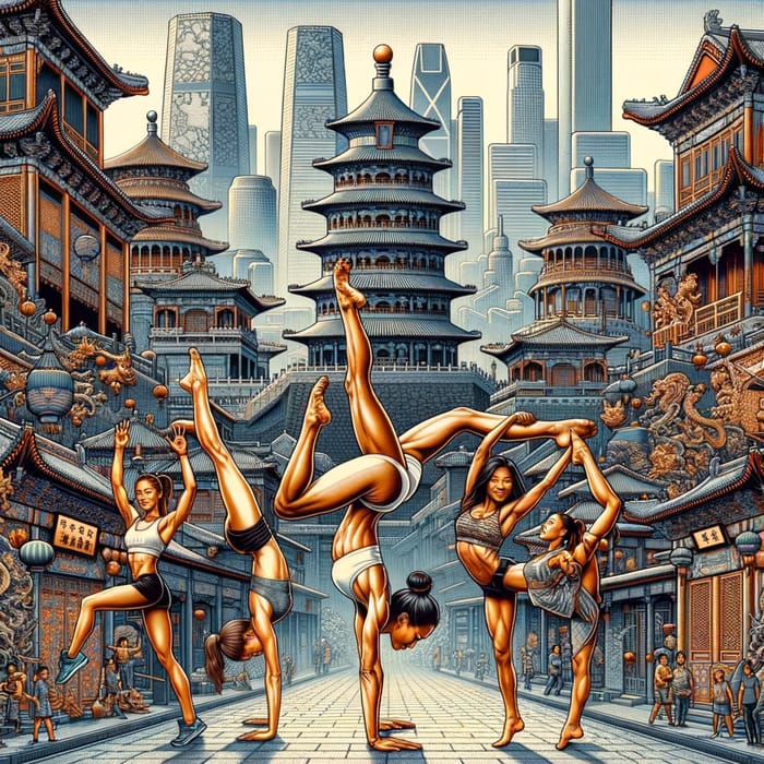 Beijing Cityscape: Dynamic Lady Stunting in Urban Landscape