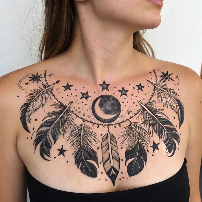 Elegant Women's Chest Tattoo with Feathers & Stars