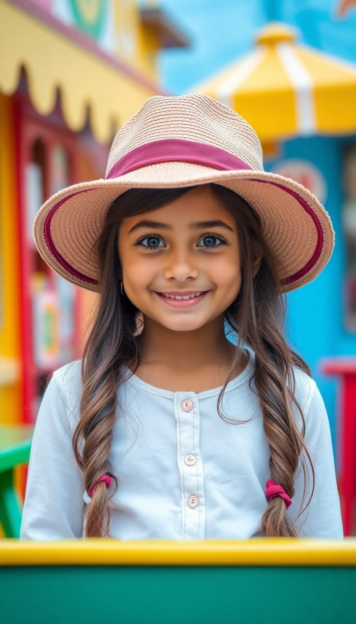 Cute Girl in Stylish Hat and Bright Smile