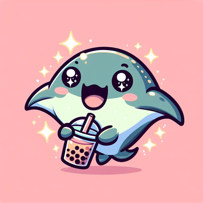 Adorable Manta Ray Sipping Bubble Tea Vector Illustration