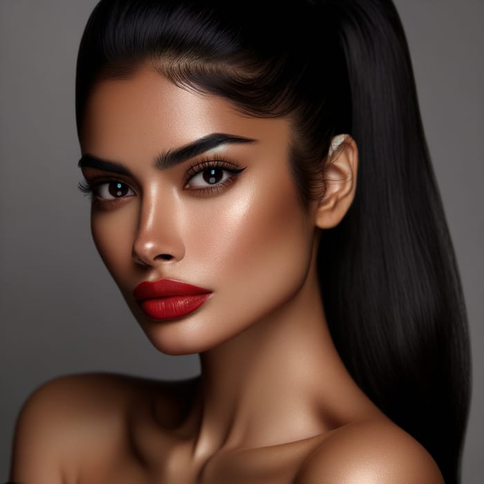 Elegant South Asian Woman with Black Hair and Red Lipstick