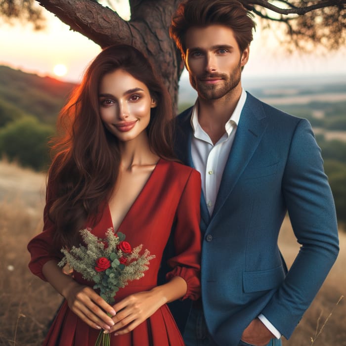 Romantic Couple under Tree at Sunset | Diverse Couple Photo