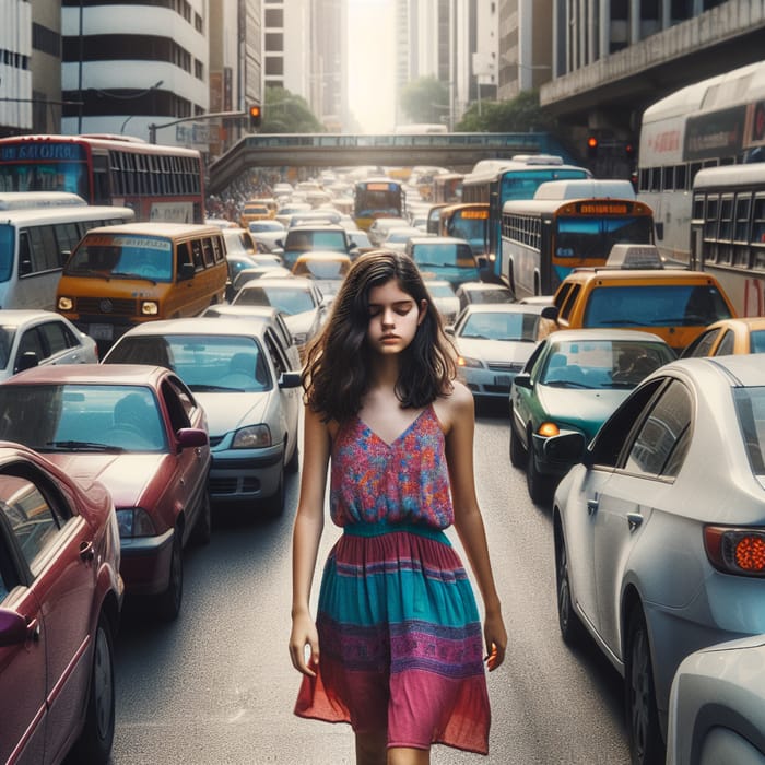 Confident Girl Walking Through Traffic