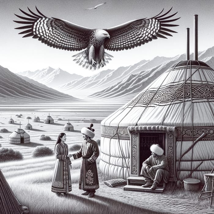 Monochrome Drawing of Tranquil Scene with Yurt and Steppe Eagle