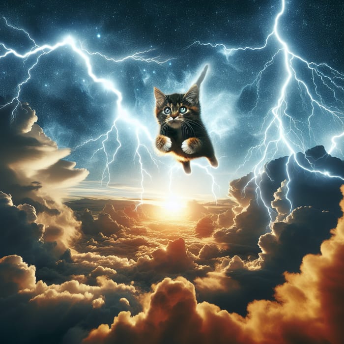 Cat Soaring Above Clouds with Lightning Strikes