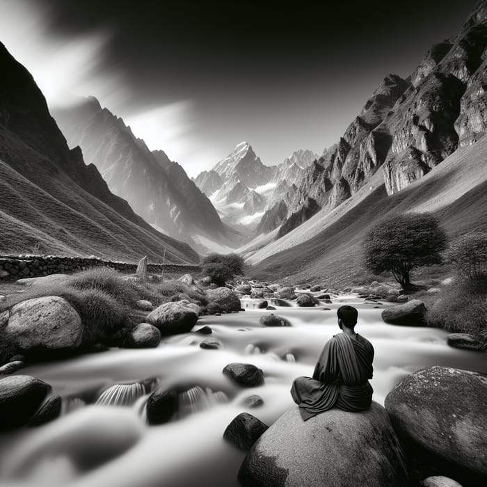 Serene Mountain Landscape with Indian Figure on Rocky Outcrop