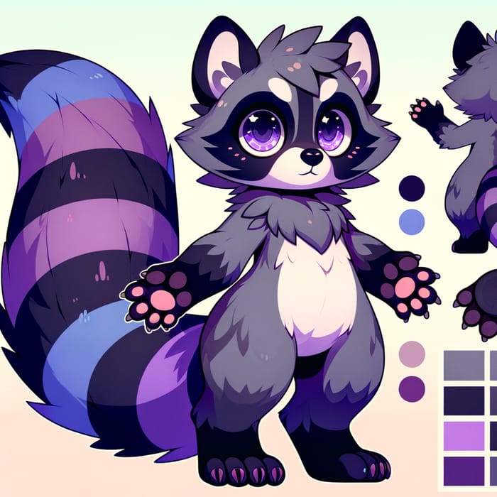 Unique Anthropomorphic Racoon Reference Sheet: Dark-Grey & Purple