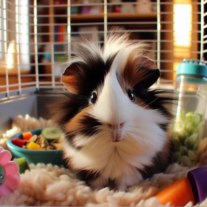 Playful Tricolor Guinea Pig - Fluffy Pet in Cozy Setting