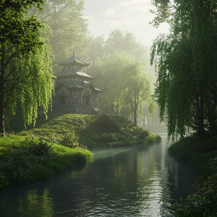 Ethereal Forest Temple by a Winding River