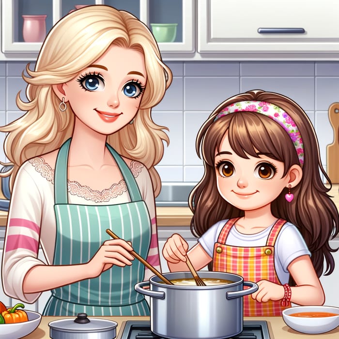 Cartoon Style Drawing of Blonde Mother and Brunette Daughter Cooking Together