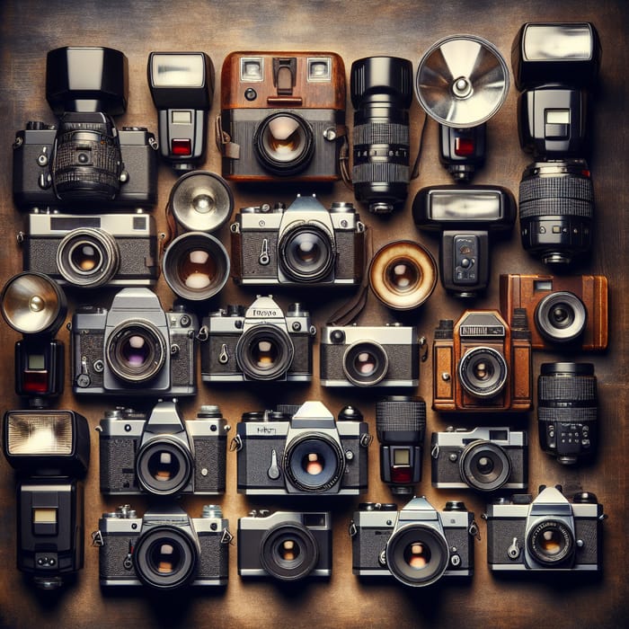 Vintage & Modern Photographic Cameras with Flashes | Photography Equipment