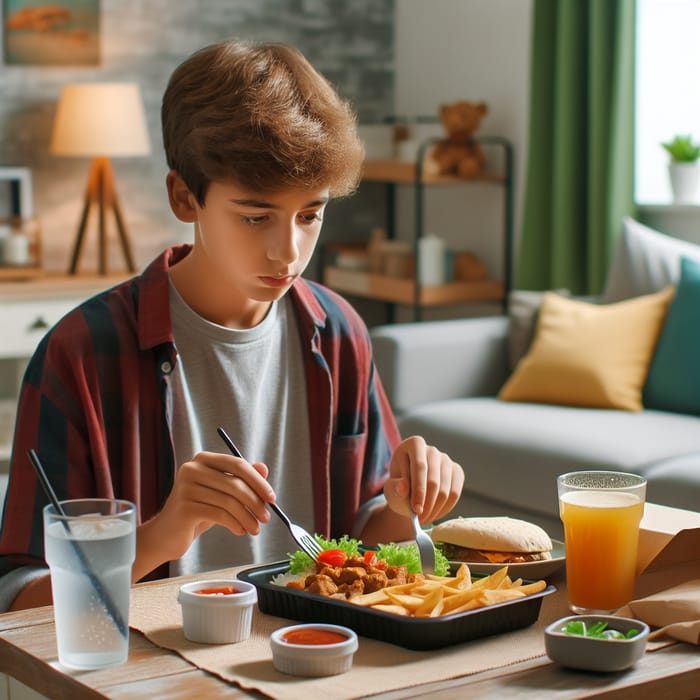 Young Boy Enjoys Restaurant Food Alone at Home