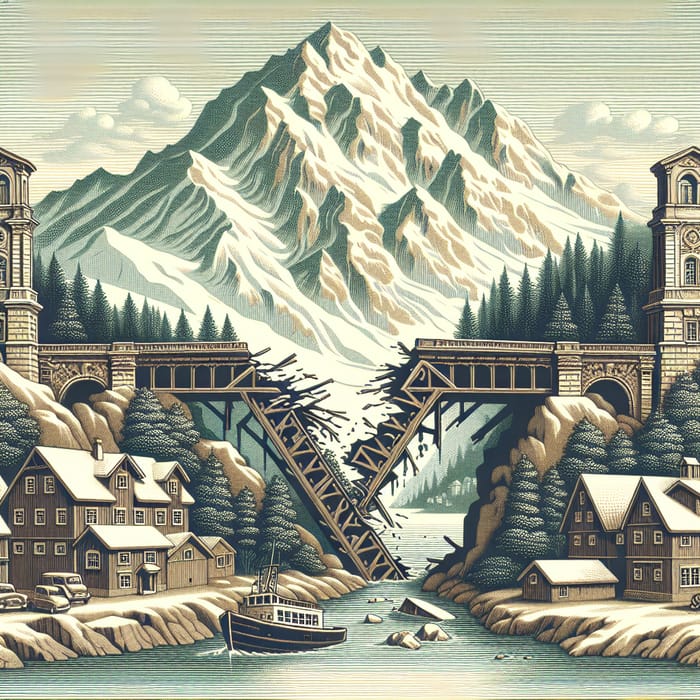 Scenic Breakdown: Mountain Bridge with Snowy Houses