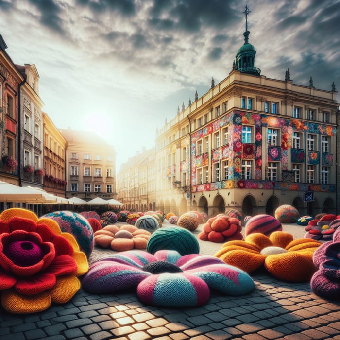 Colorful Knitted Flowers at Rynek Lazarski, Poznan