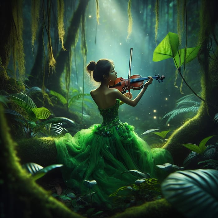 Serenading Jungle Girl in Green Dress - Magical Violinist