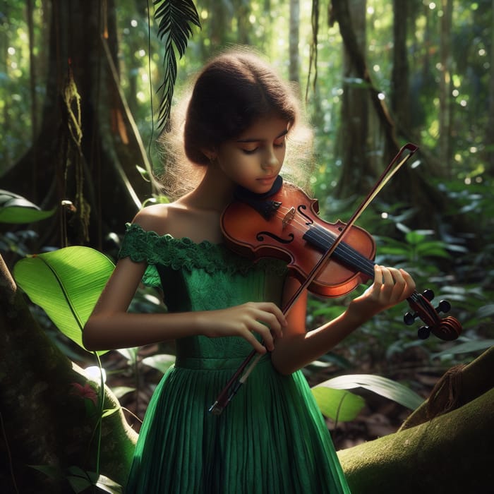 Young Girl in Green Dress Playing Violin in Jungle