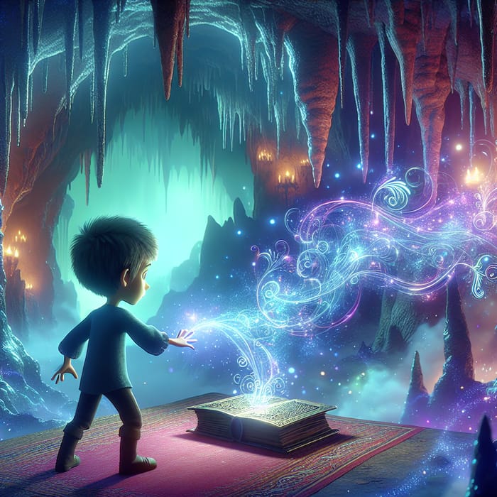 Boy Casting Magic in a Whimsical Cave