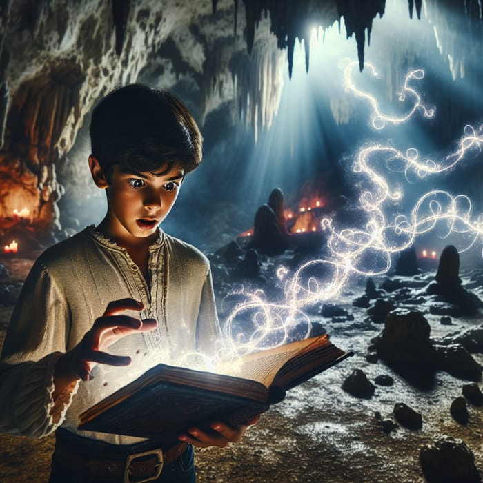 A Boy Casting Spells in a Mystical Cave