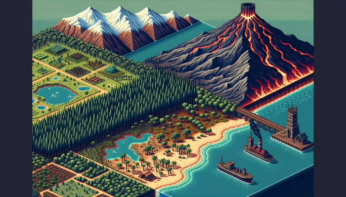 Pixel Art Landscape - Adventure Scene with Mountain Castle and Volcano