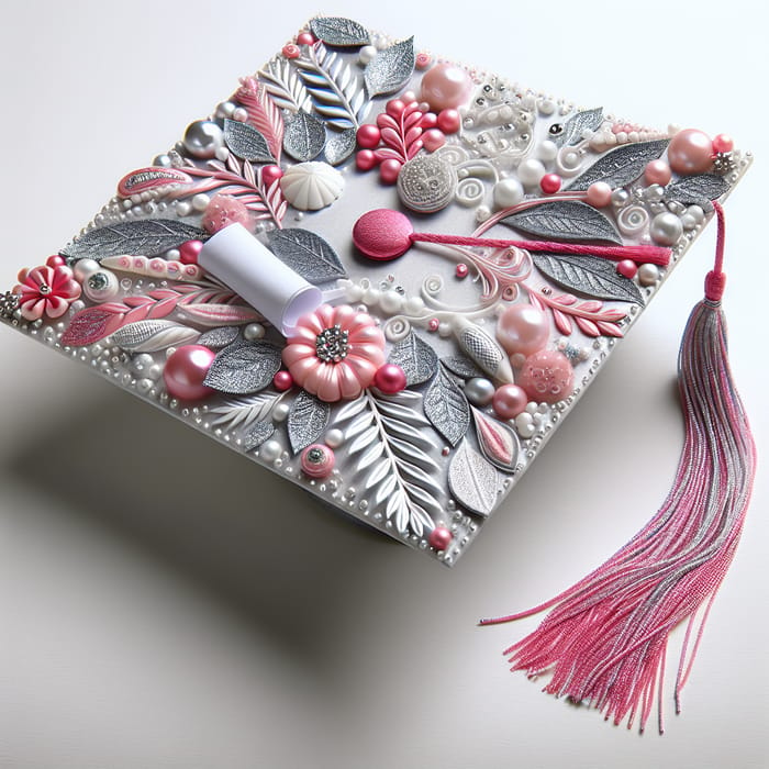 Eye-Catching Pink, Silver & White Decorated Graduation Cap Design