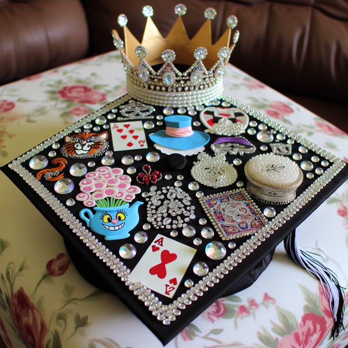 Alice in Wonderland Graduation Cap with Stones and Crown - Magical Decor