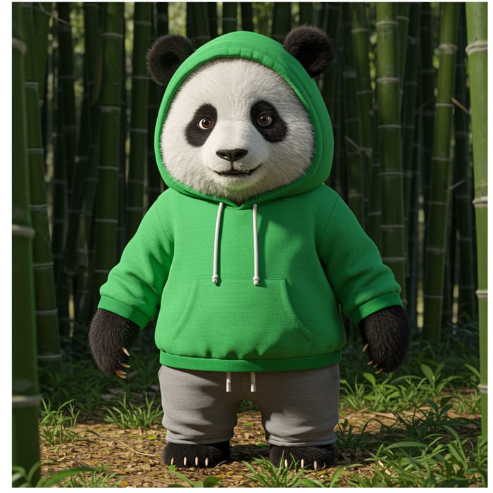 Cute Panda in Green Hoodie and Gray Pants