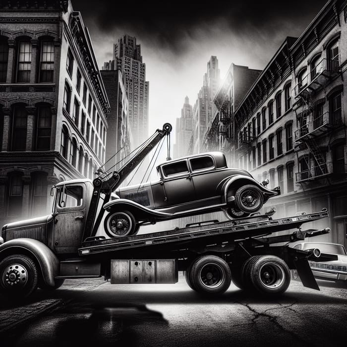 Vintage Tow Truck & Classic Car - Cityscape Noir Photography