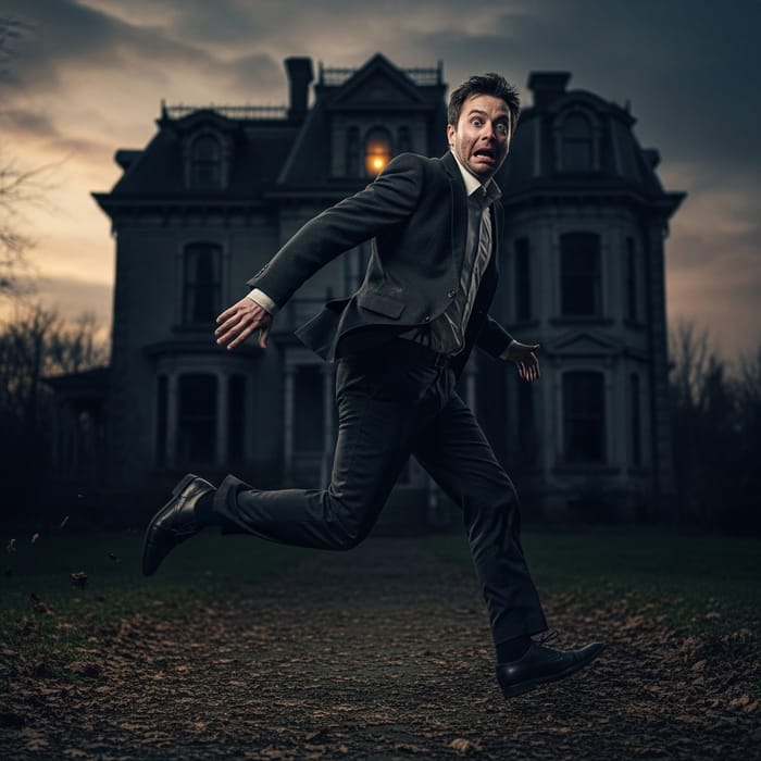 Frightened Man in Suit Escapes a House