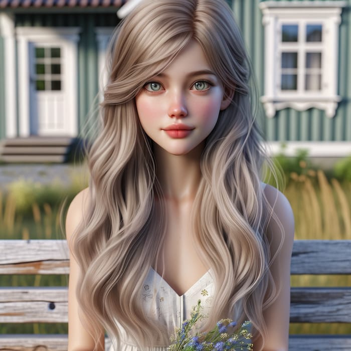 Photorealistic Image of Girl with Blonde Hair and Gray-Green Eyes Sitting in Front of Scandinavian Cottage