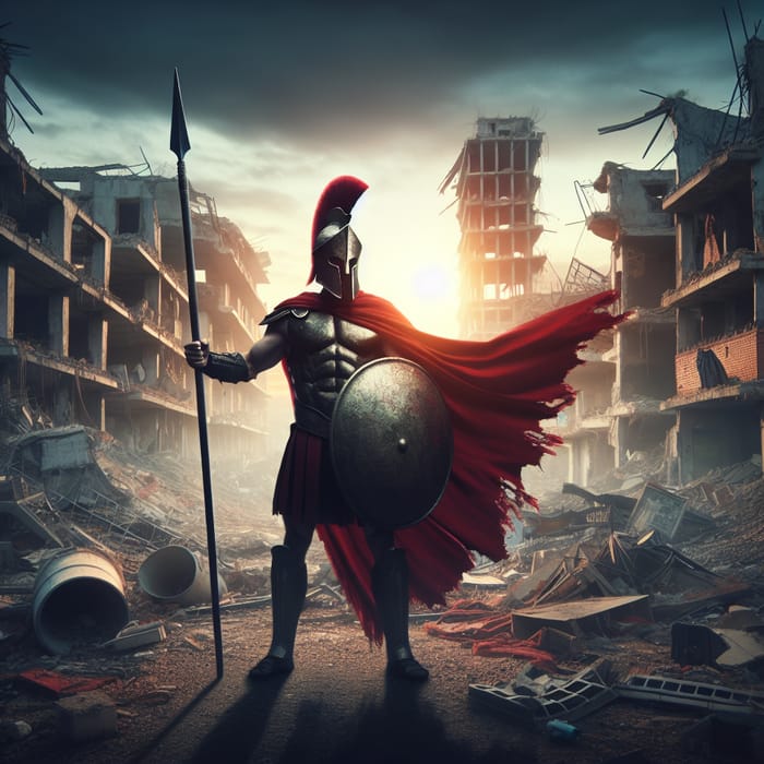 Spartan Warrior Amidst Destroyed City | Eerie Setting