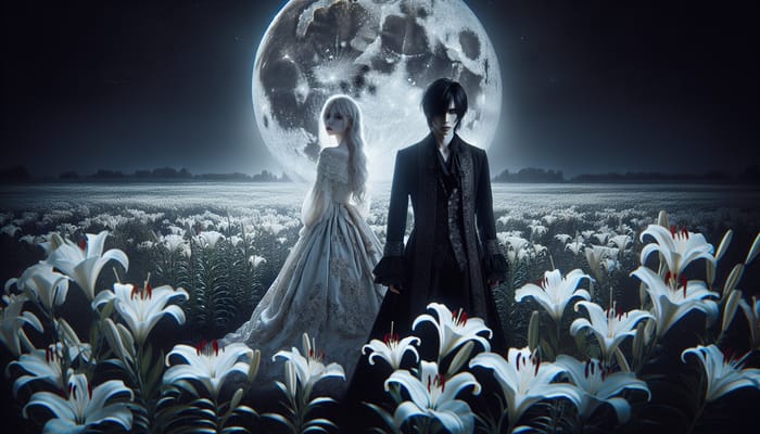 Moonlit Encounter: Black-Haired Vampire Bites Blonde Girl Amidst White Lilies