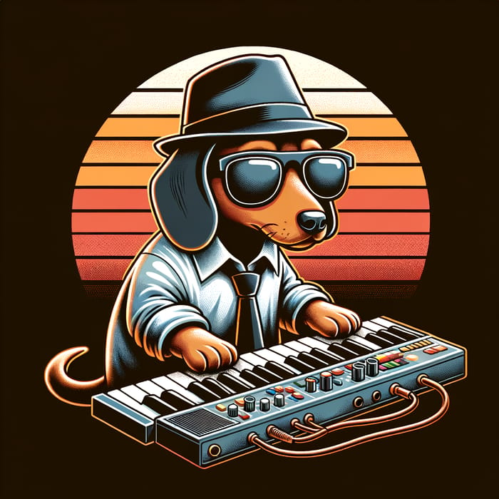 Cartoon Dachshund Musician Vector Art in Vintage Sunset