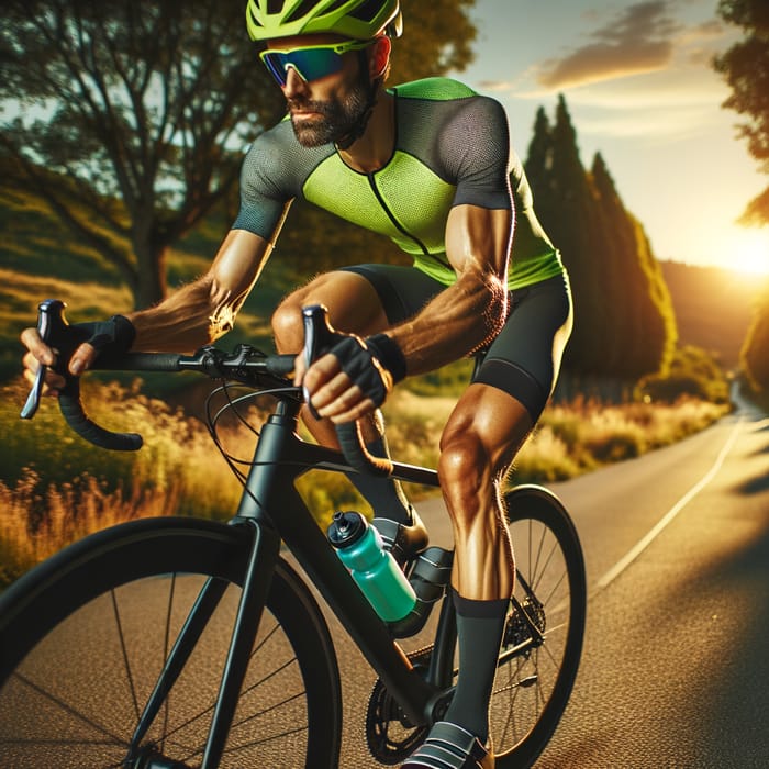 Sleek Cyclist Battling Wind on Tree-lined Path at Sunset