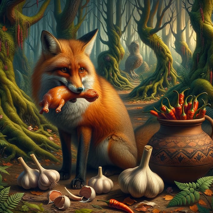 Fox with Chicken and Garlic in Enchanted Forest Scene