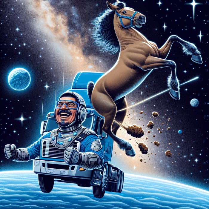 Hispanic Truck Driver Dancing with Space Horse in Cosmic Scene