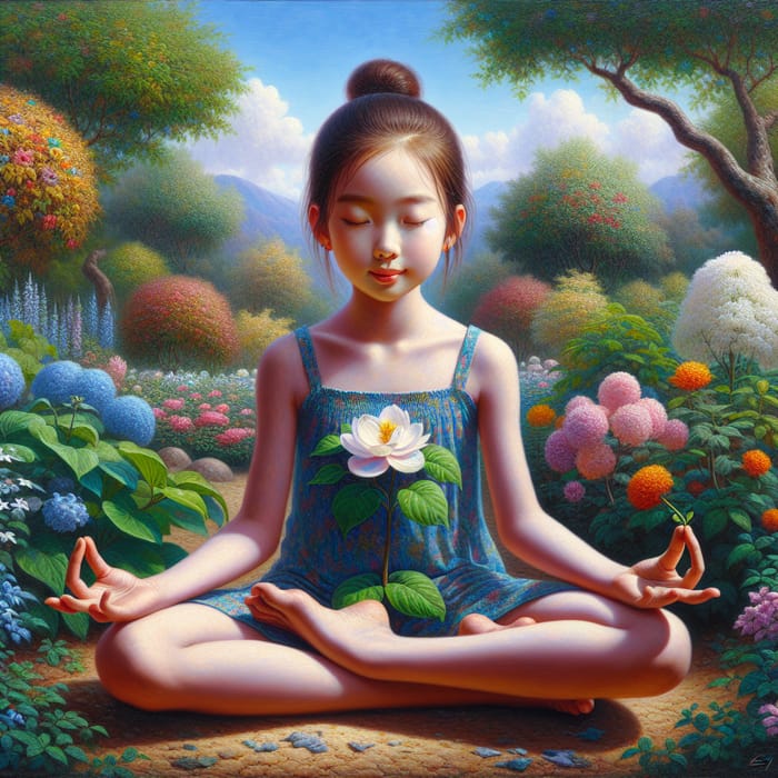 Girl Meditating with Flower - Peaceful Garden Oil Painting