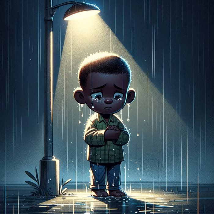 Sad African Boy in Rain Under Street Lamp