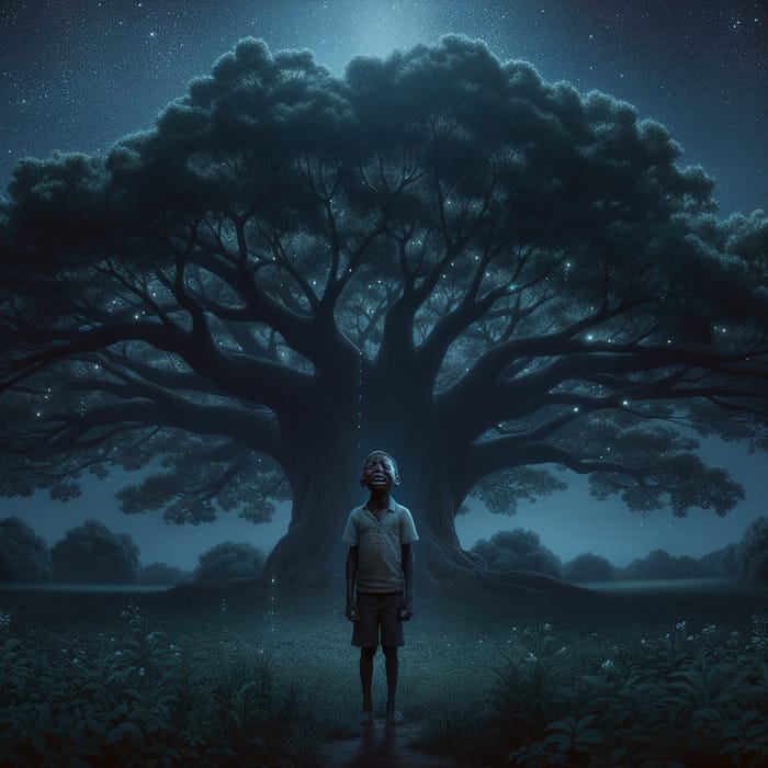 Emotional Black Boy Standing Under Grand Night Tree