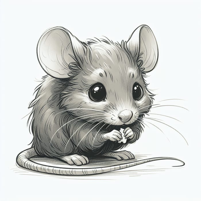 Drawn Grey Mouse Nibbling Cheese