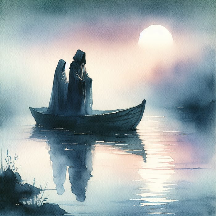 Mysterious Cloaked Figure Ferrying Passenger on Calm Lake