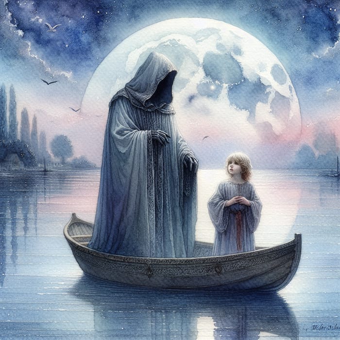 Mysterious Cloaked Figure Ferrying Child Across Calm Lake