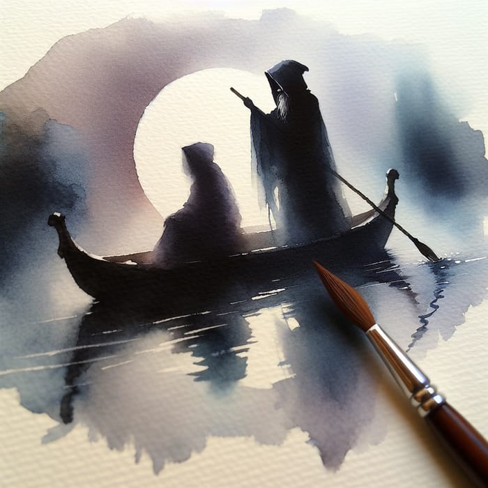 Mysterious Figure in Boat: Ethereal Moonlit Lake Painting