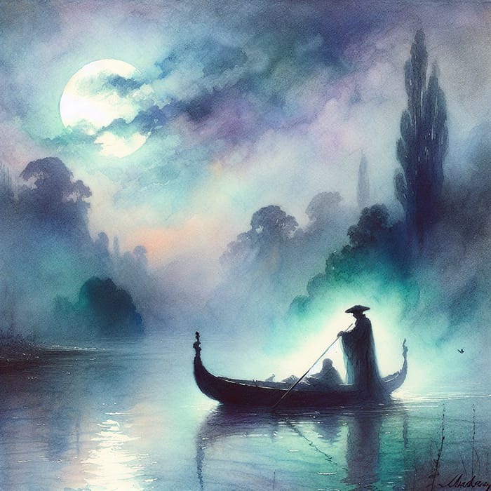 Mysterious Cloaked Figure: Serene Moonlit Boat Ride in Watercolors