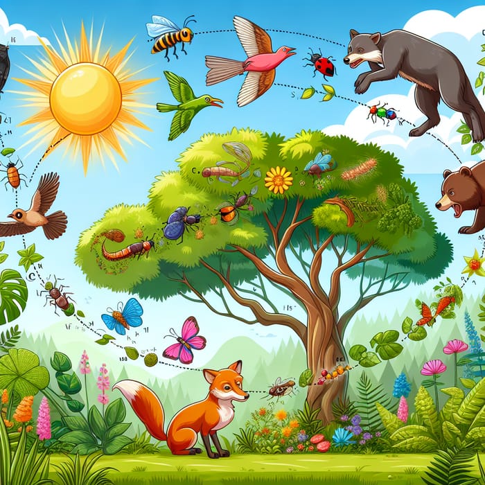 Vibrant Forest Food Chain: Sun, Plants, Insects, Bird, Fox, Bear