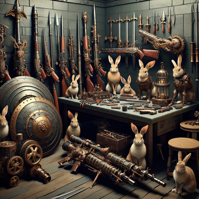 Intricate Steampunk Security Room with Weapons, Shields, and Rabbit Warriors