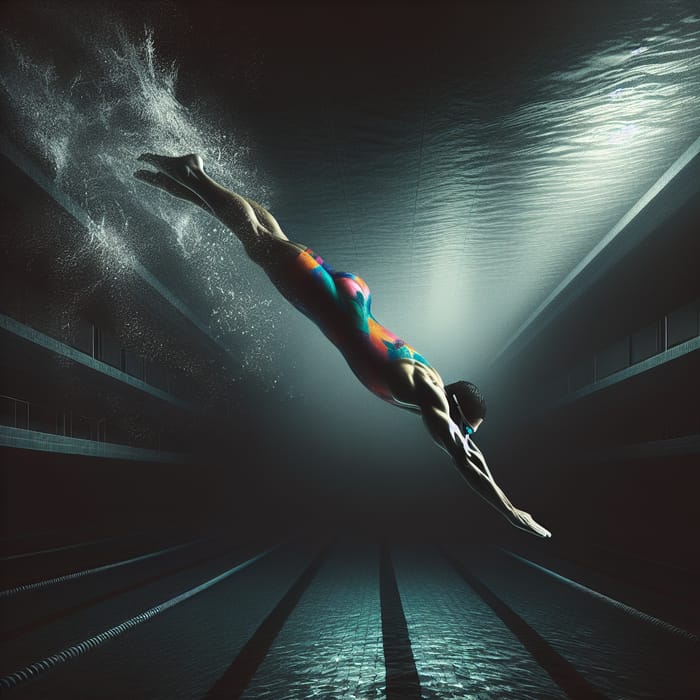 Professional Female Swimmer in Colorful Bathing Suit Diving into Infinite Pool