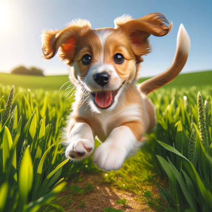 Cute Puppy Playing Happily in Green Field