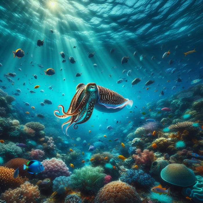 Vibrant Cuttlefish Swimming in the Deep Sea