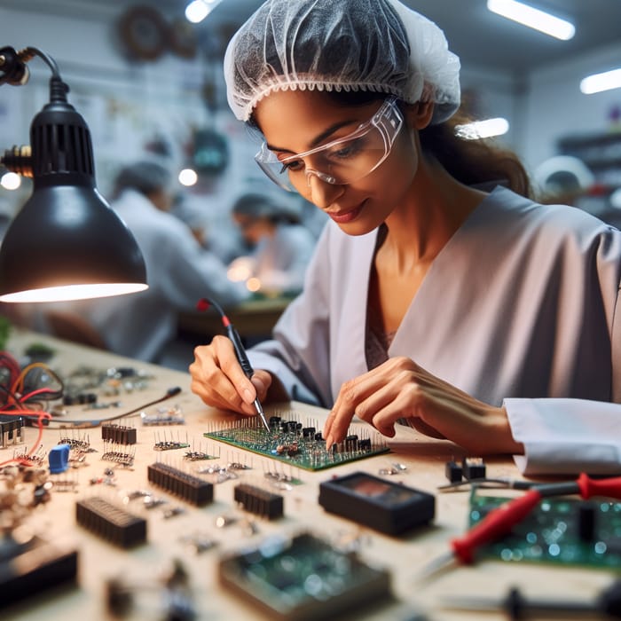 South Asian Woman Assembling Tiny Circuit Board in Workshop