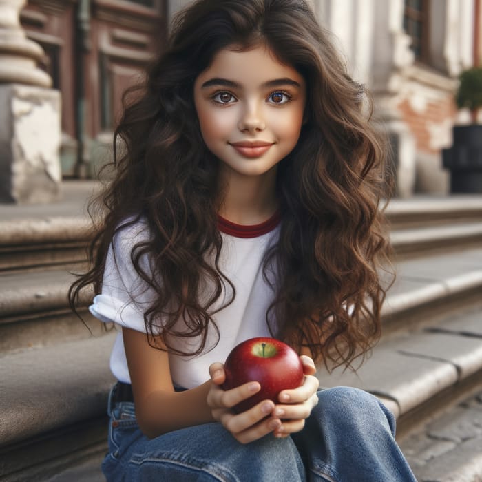 Adorable Hispanic Girl with Curly Brown Hair Holding Red Apple